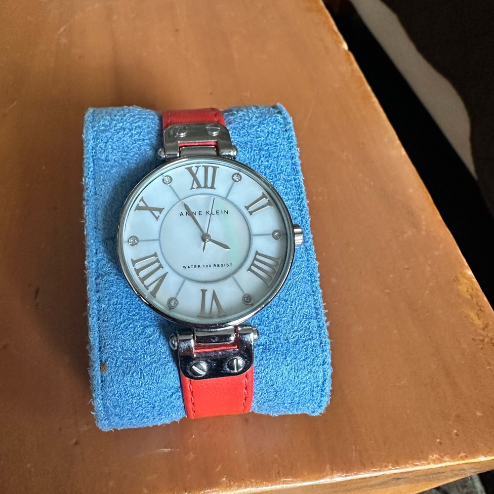 Anne Klein Silver Case Watch with Red Strap